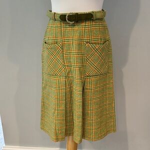 Vintage Wool Plaid Green Skirt with Belt and pockets
